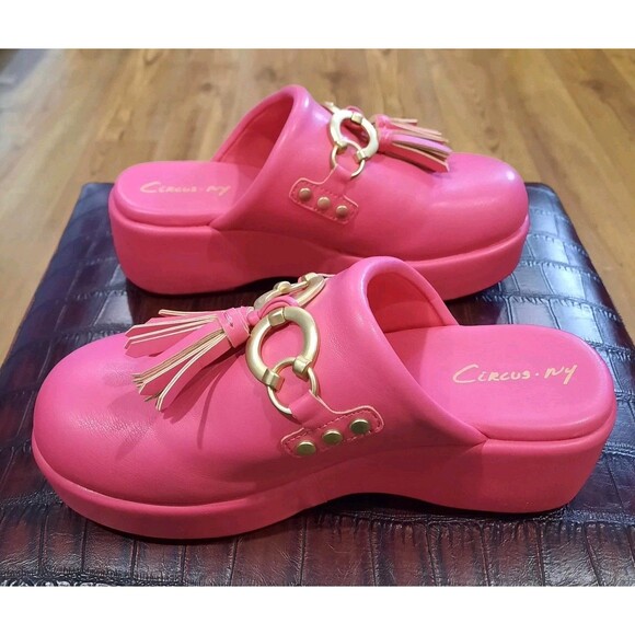 Circus NY Sam Edelman Jinger Clog Mules Flamingo Pink Gold Tassel Platform Sz 8 - Picture 5 of 12